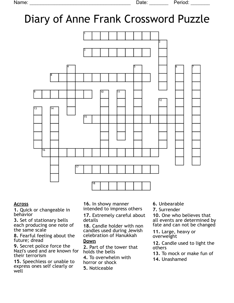 Diary Of Anne Frank Crossword Puzzle WordMint