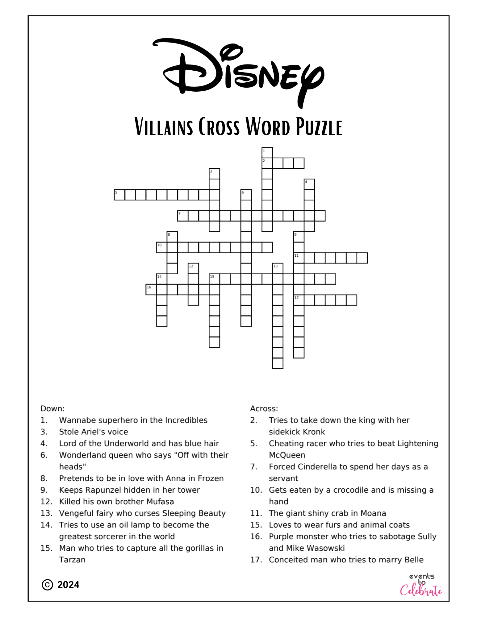 Disney Movies Crossword Puzzles Printable
