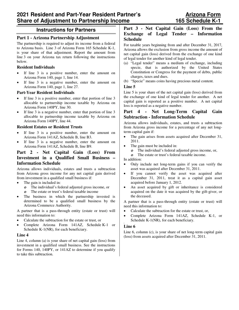 Download Instructions For Arizona Form 165 Schedule K 1 Resident 