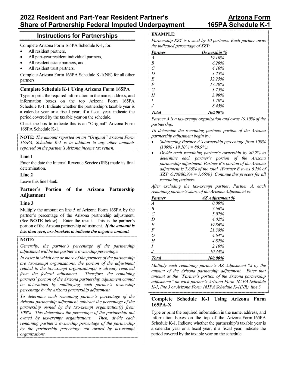 Download Instructions For Arizona Form 165PA ADOR11292 Schedule K 