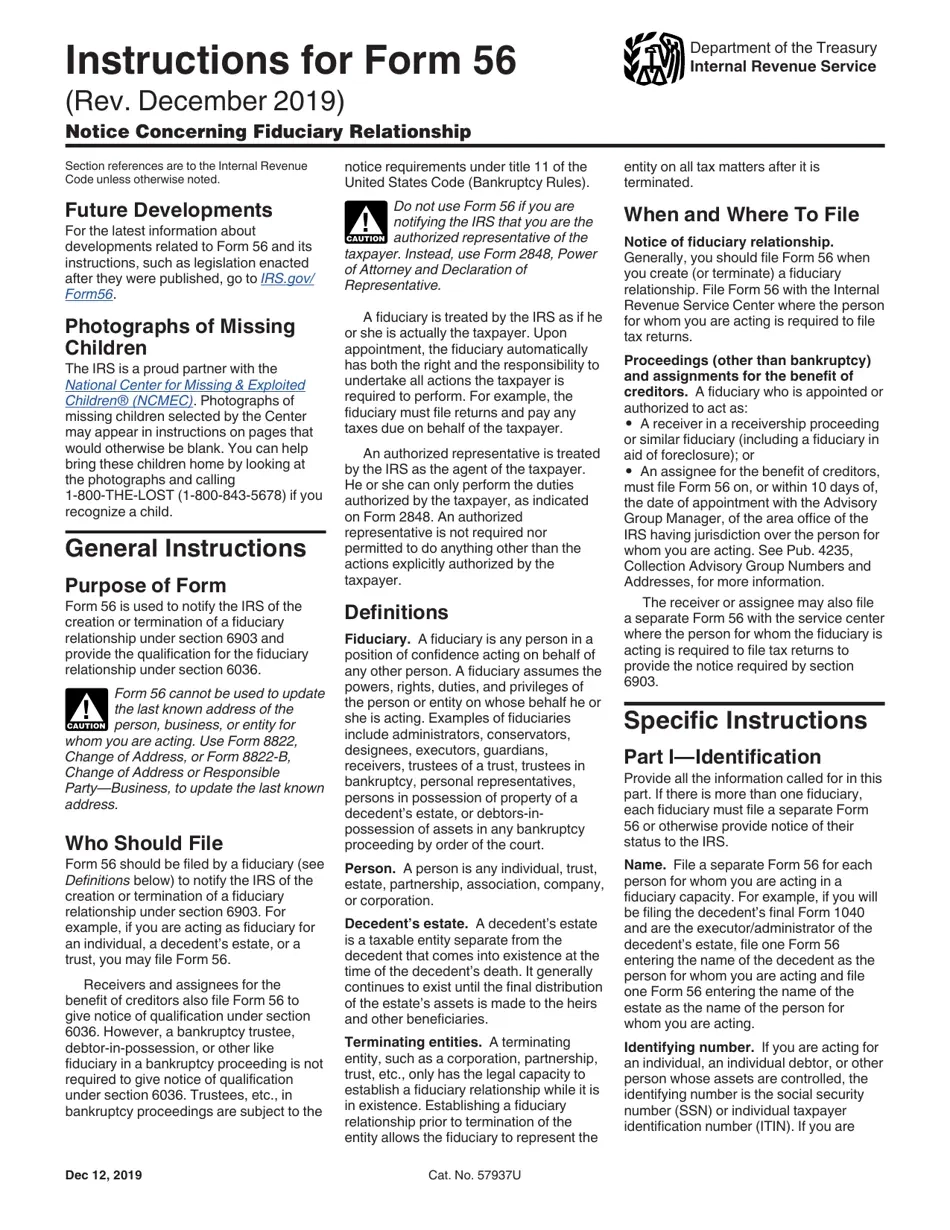 Download Instructions For IRS Form 56 Notice Concerning Fiduciary 