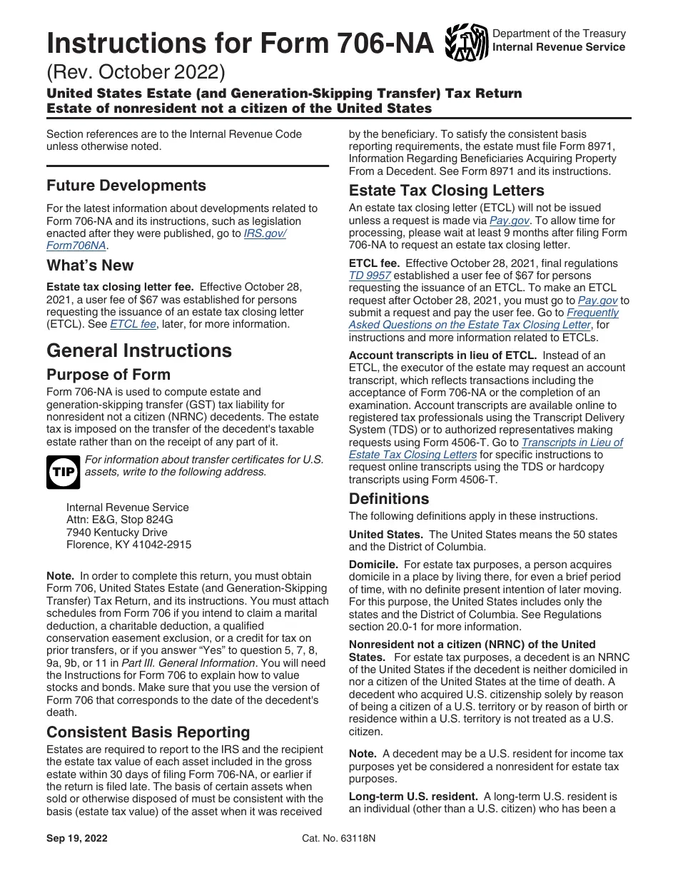 Download Instructions For IRS Form 706 NA United States Estate 