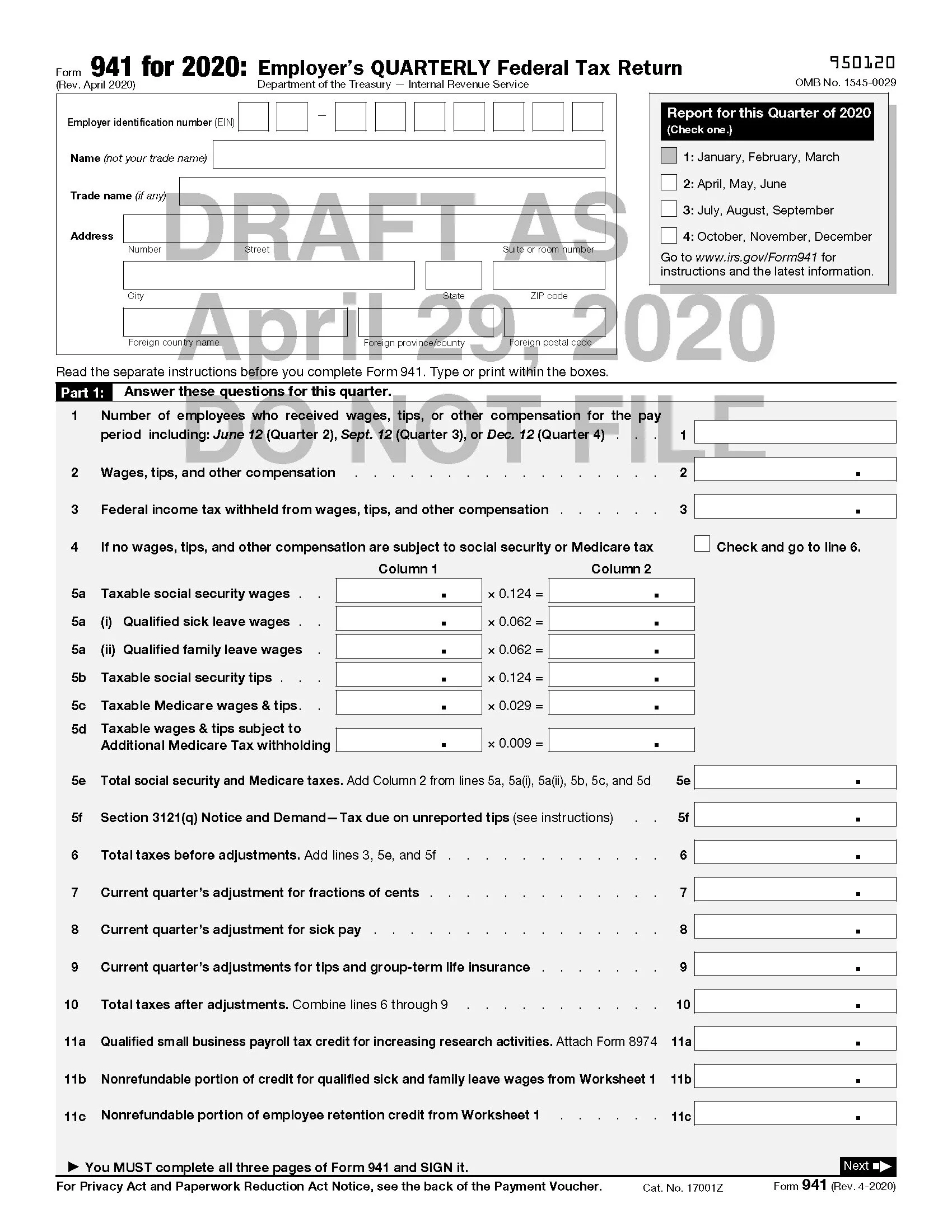 Draft Of Revised Form 941 Released By IRS Includes FFCRA And 