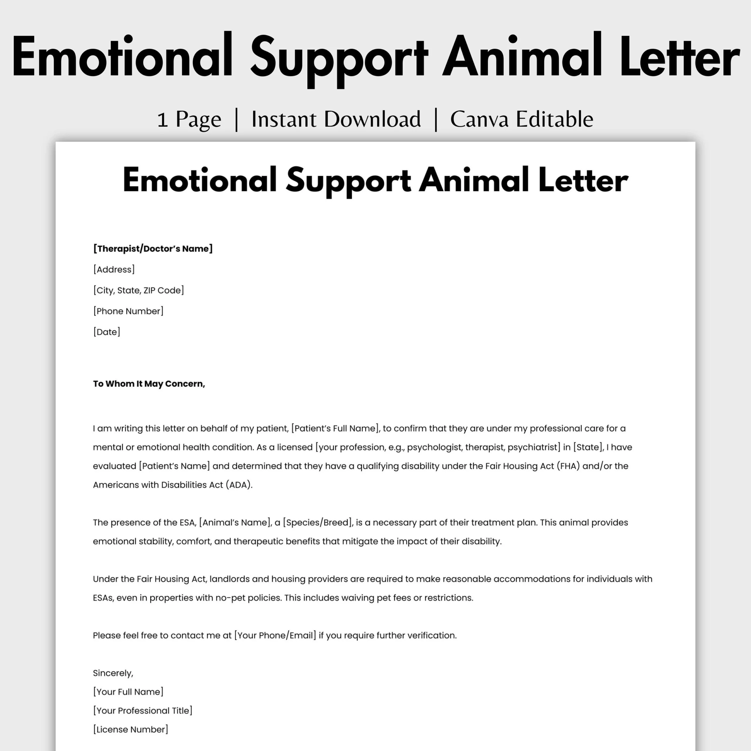 Free Printable Emotional Support Animal Letter Template