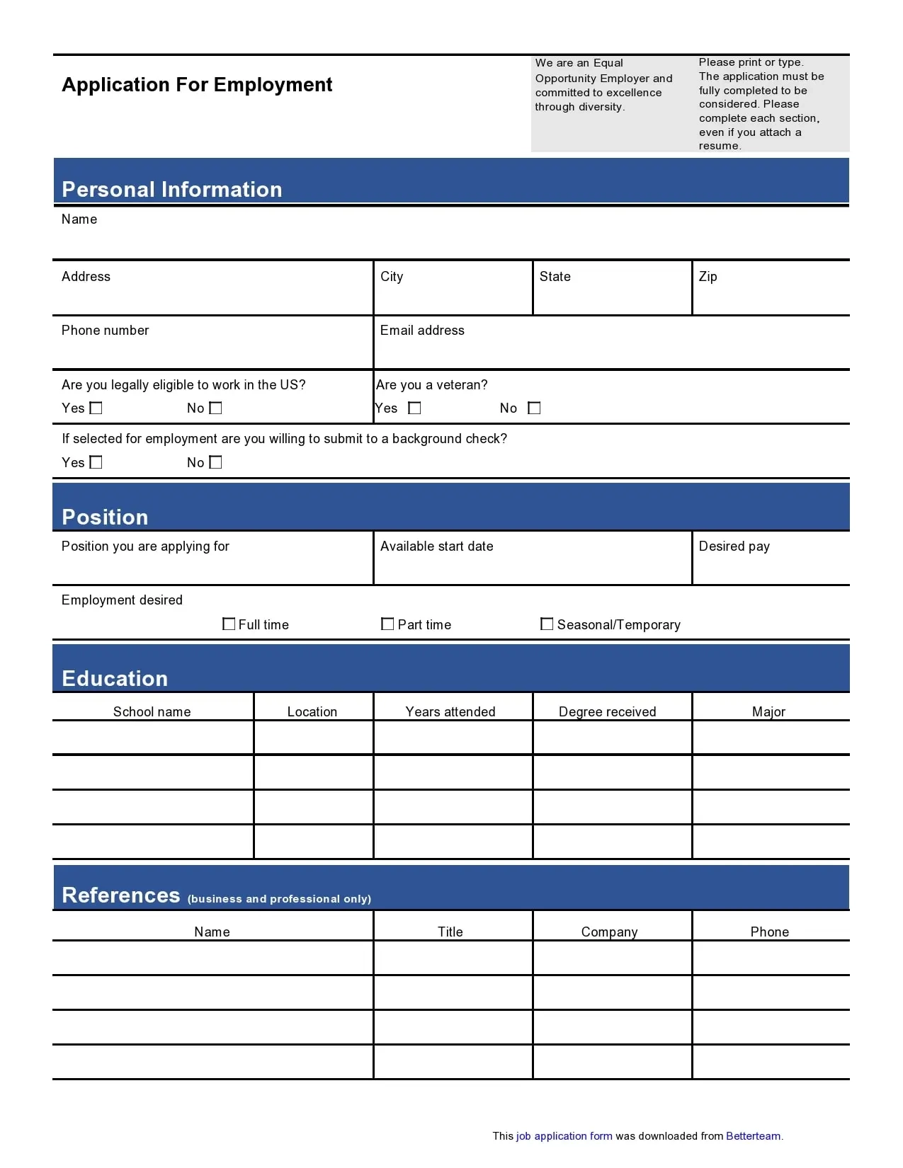 Job Application Template Free Printable