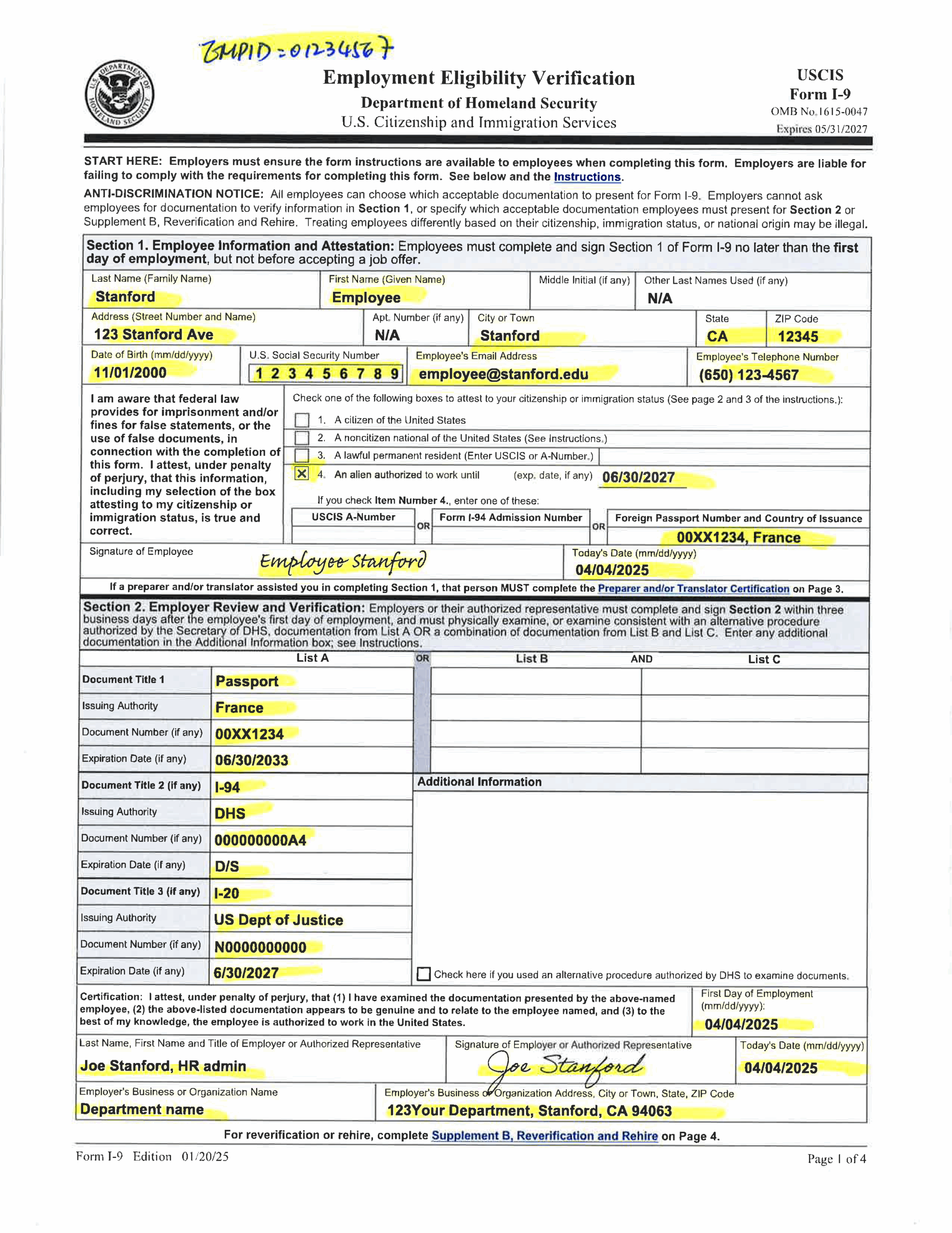 Examples Of Completed Form I 9 For Stanford