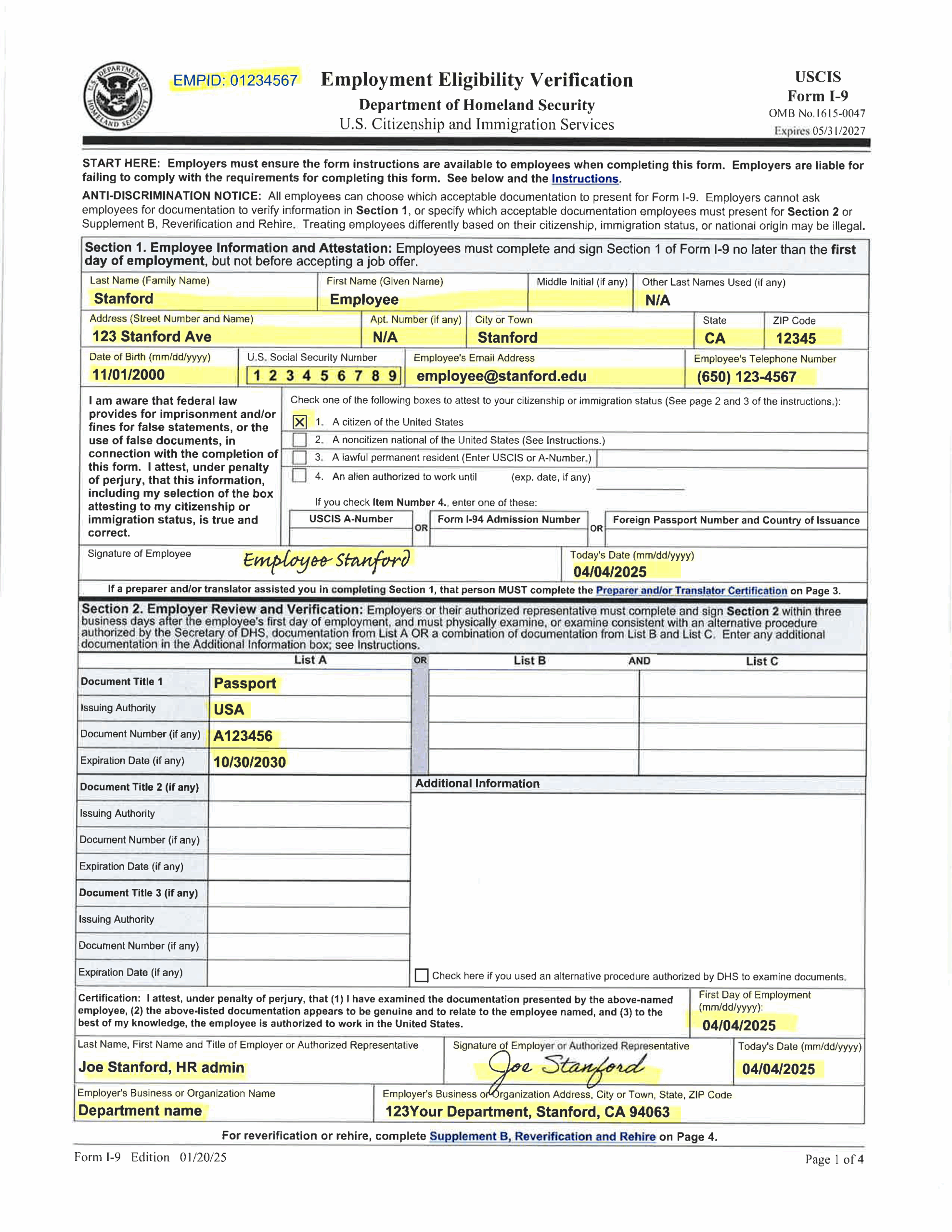 Examples Of Completed Form I 9 For Stanford