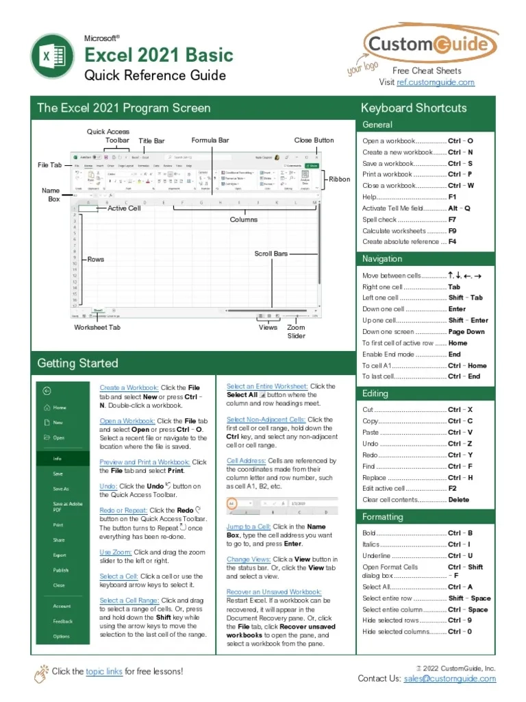 Excel 20 21 Basic Quick Reference Guide PDF Microsoft Excel 