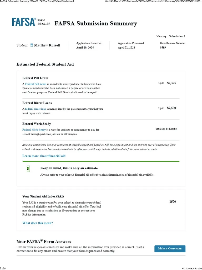 FAFSA Submission Summary 2024 25 FAFSA Form Federal Student Aid 