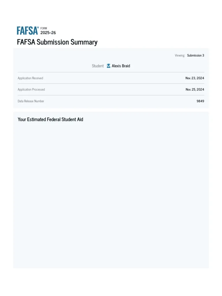 FAFSA Submission Summary 2025 26 FAFSA Form Federal Student 