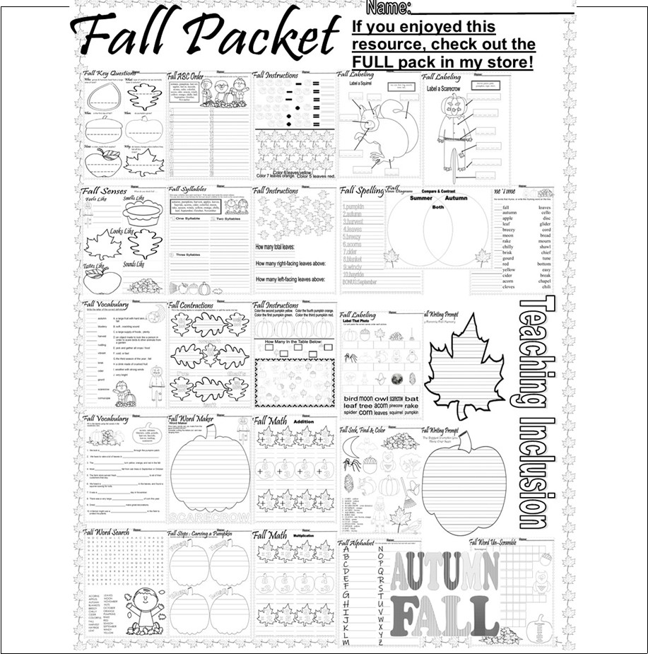 Fall Autumn Labeling NO PREP Worksheets Speech Language Cut Paste 