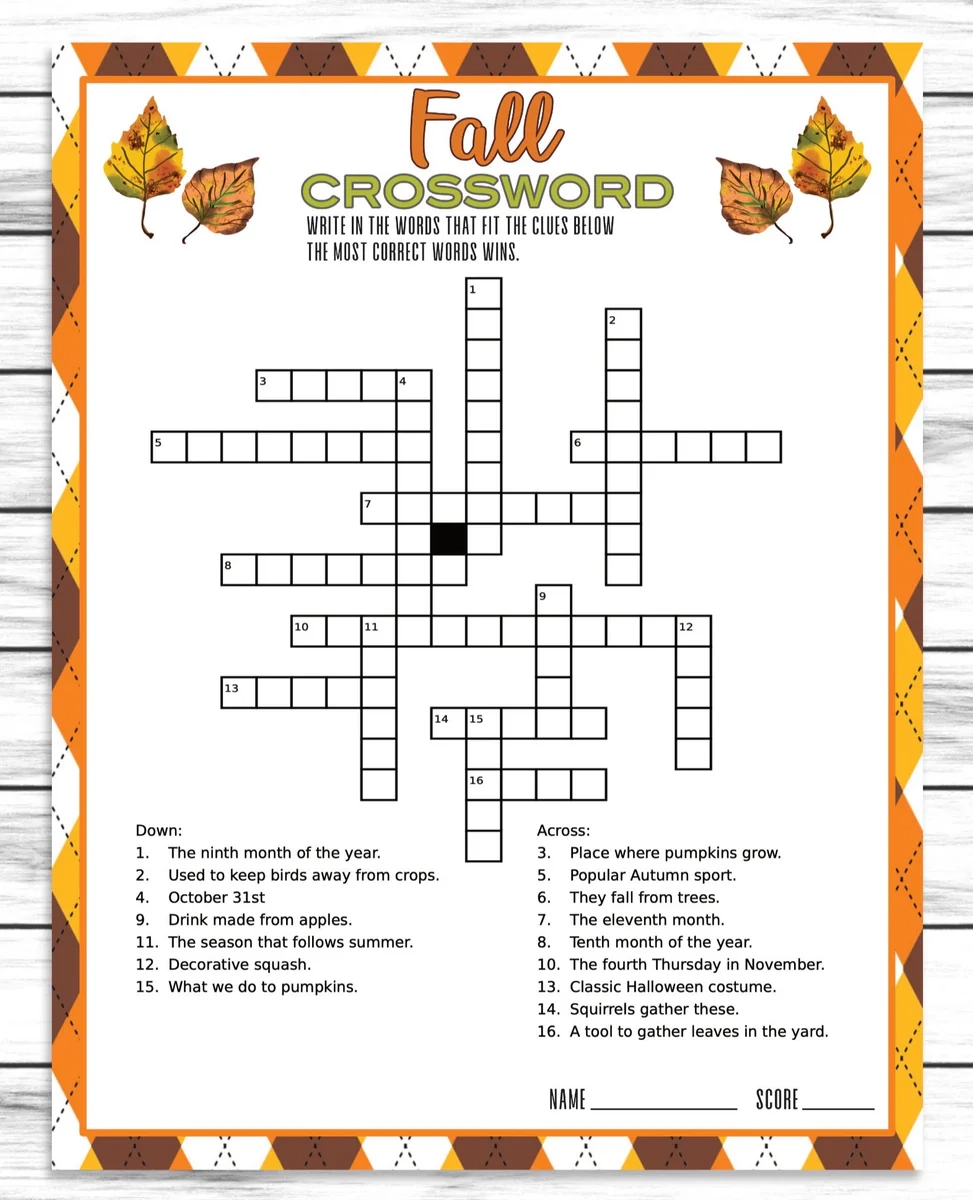 Autumn Crossword Puzzle Printable