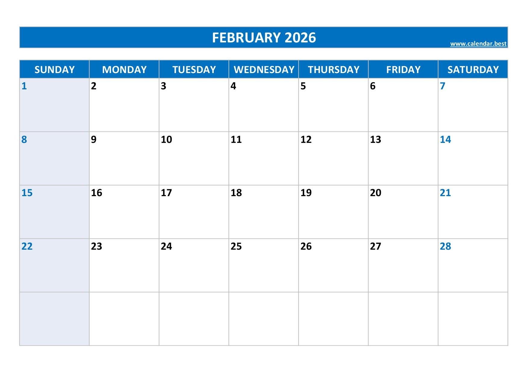 Blank Feb Calendar 2026