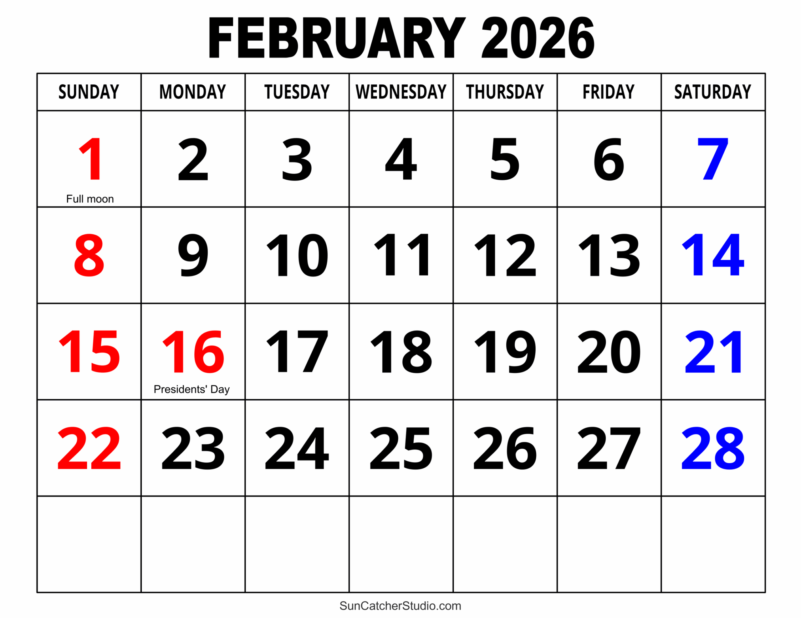 February Calendar 2026 Printable