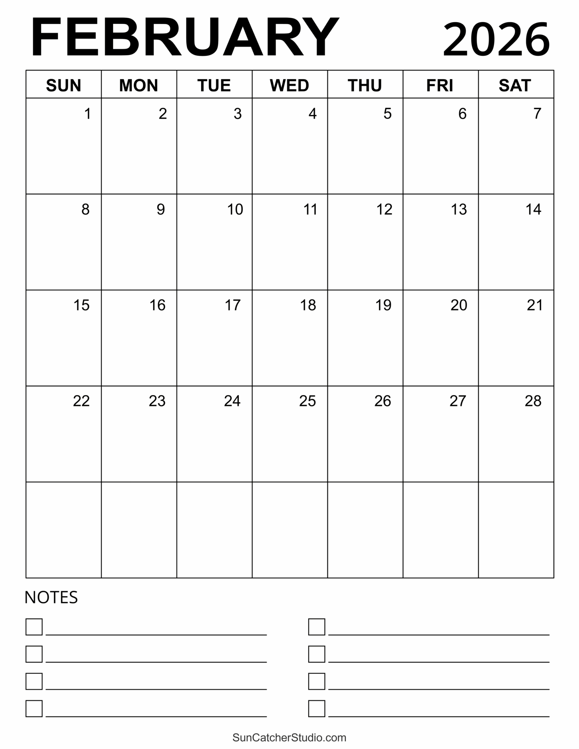 Free Printable Monthly Calendar February 2026