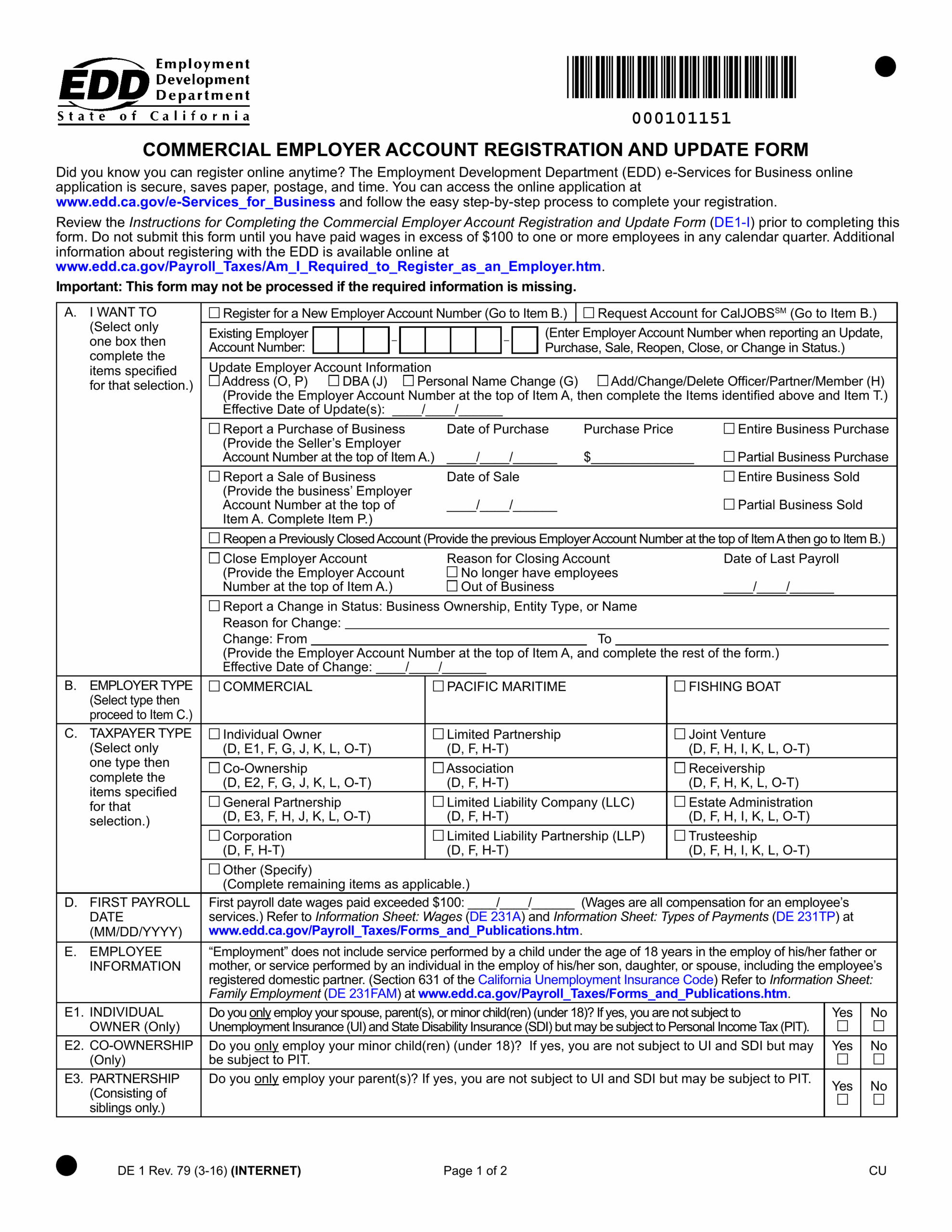 Fill Form DE 1 2024 2025 Commercial Employer Account Registration