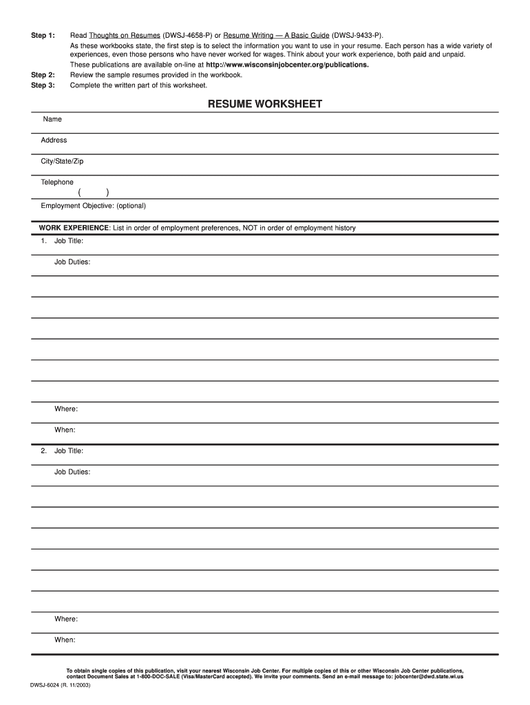 Printable Resume Builder Worksheet