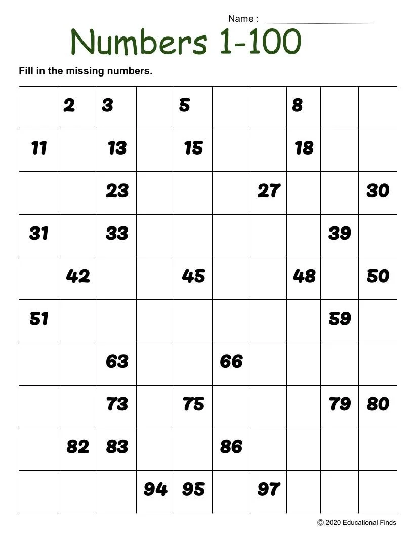 Missing Numbers 1-100 Worksheets Printable