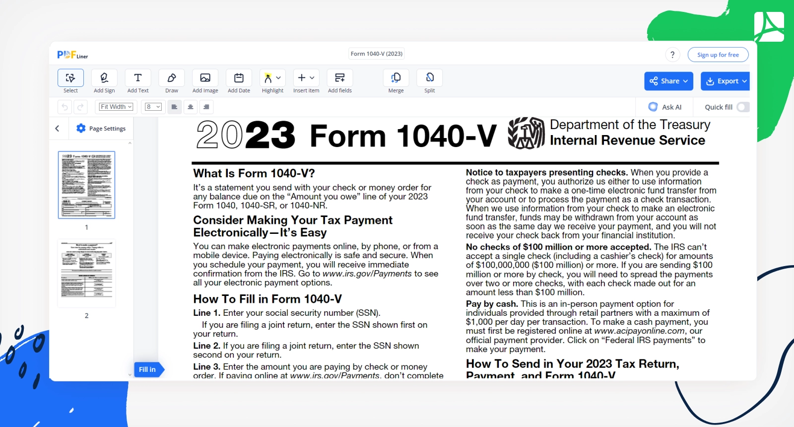 Form 1040 V Print And Sign Form 1040 V Online PDFliner