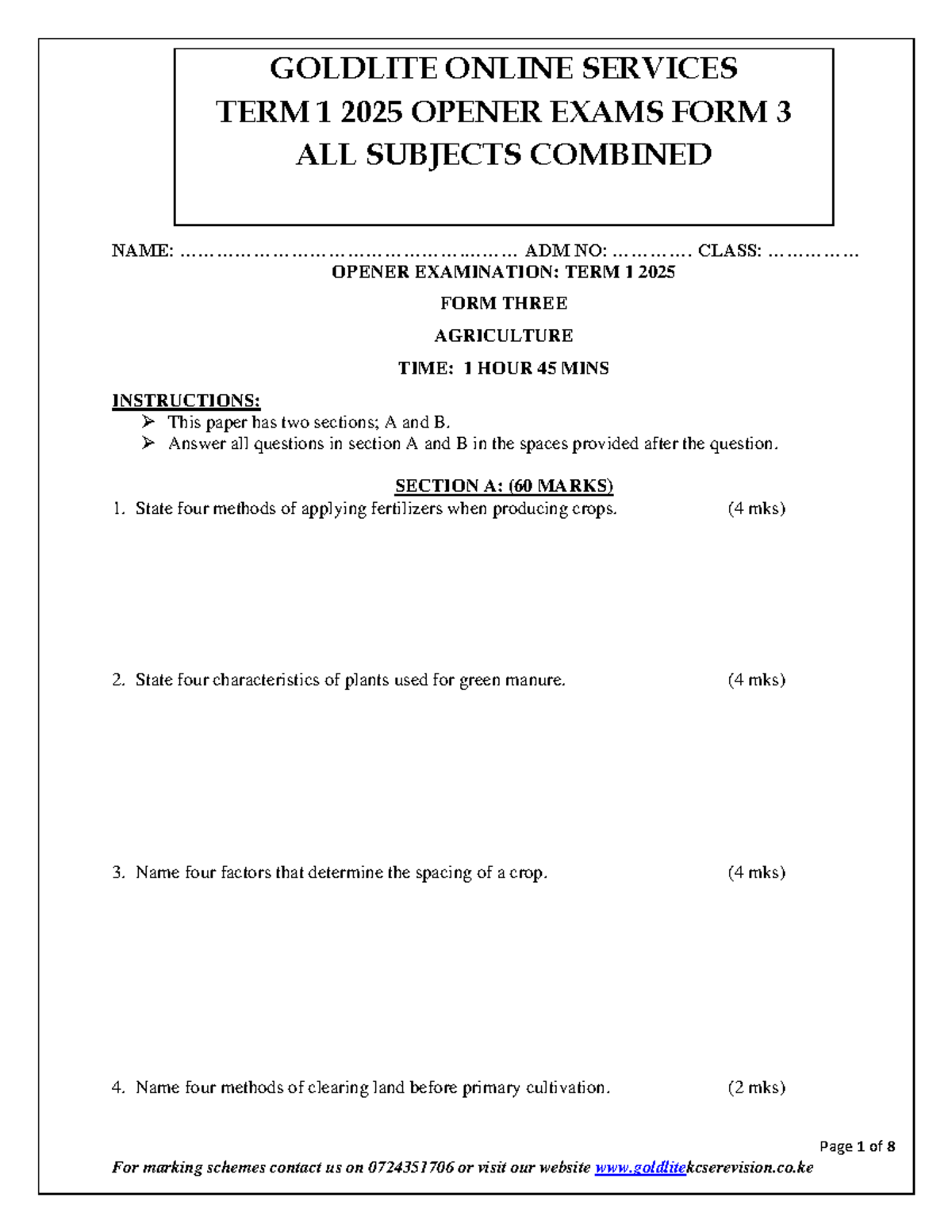 FORM 3 AGRICULTURE OPENER EXAM TERM 1 2025 ALL SUBJECTS COMBINED 