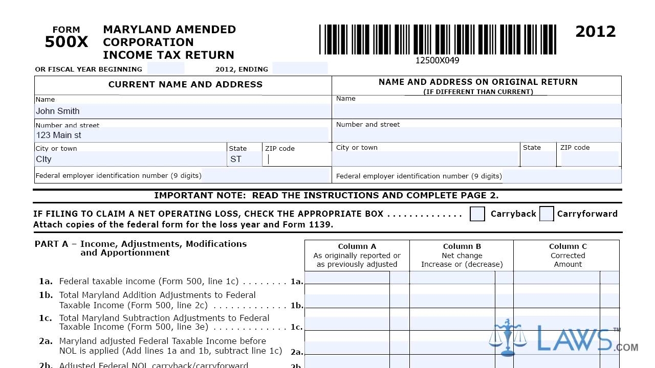 Form 500X Amended Corporation Income Tax Return