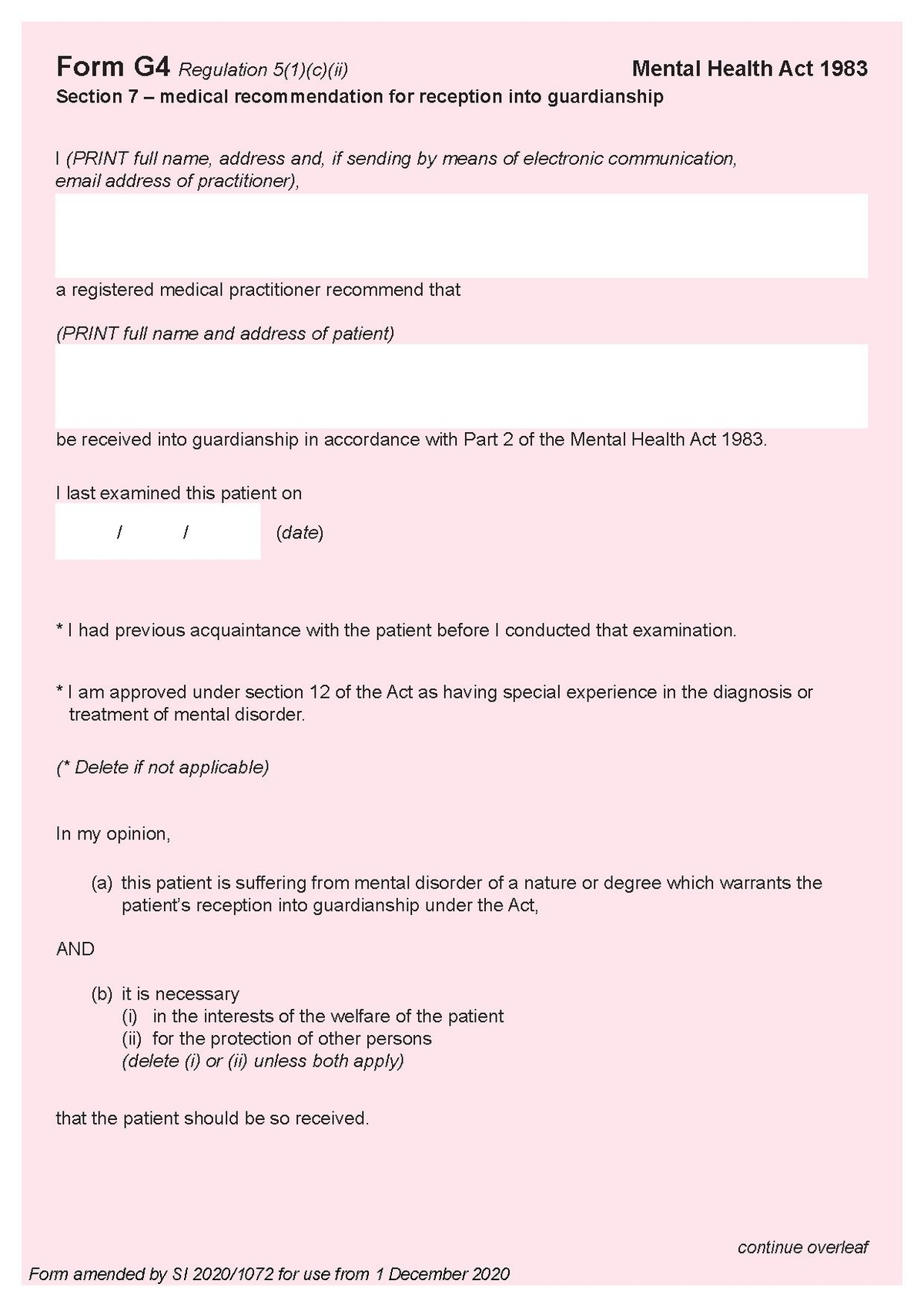 Form G4 Section 7 Medical Recommendation For Reception Into 