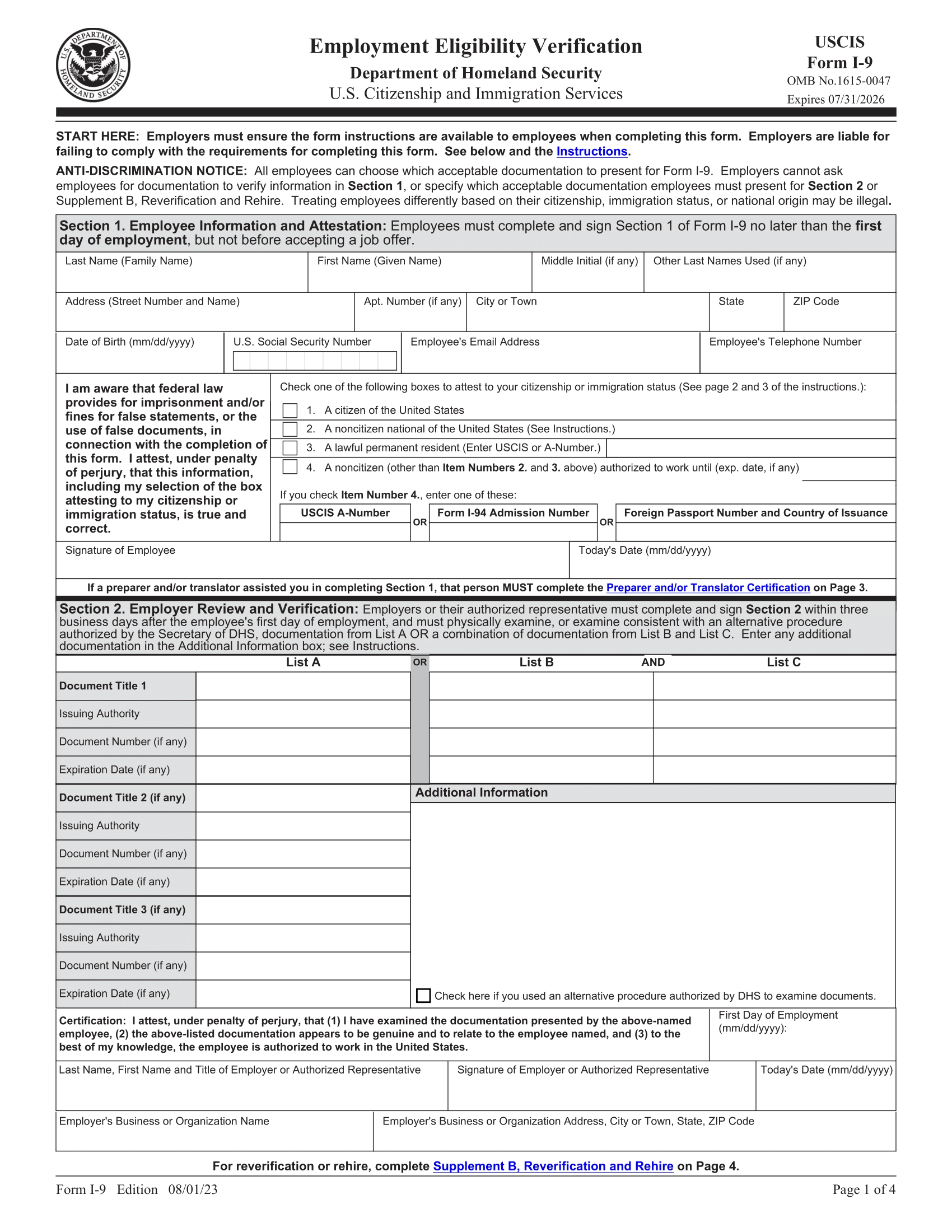 Form I 9 Employment Eligibility Verification PDF amp Word