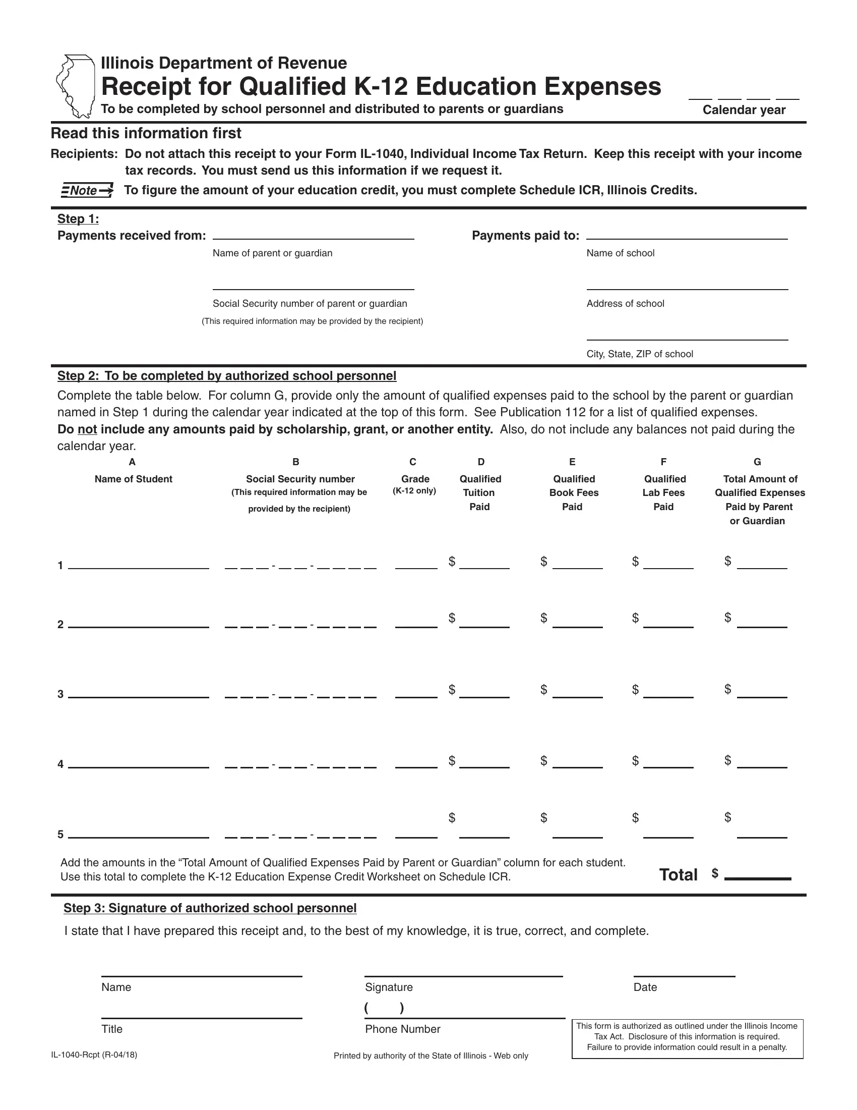 Illinois 1040 Tax Form Printable