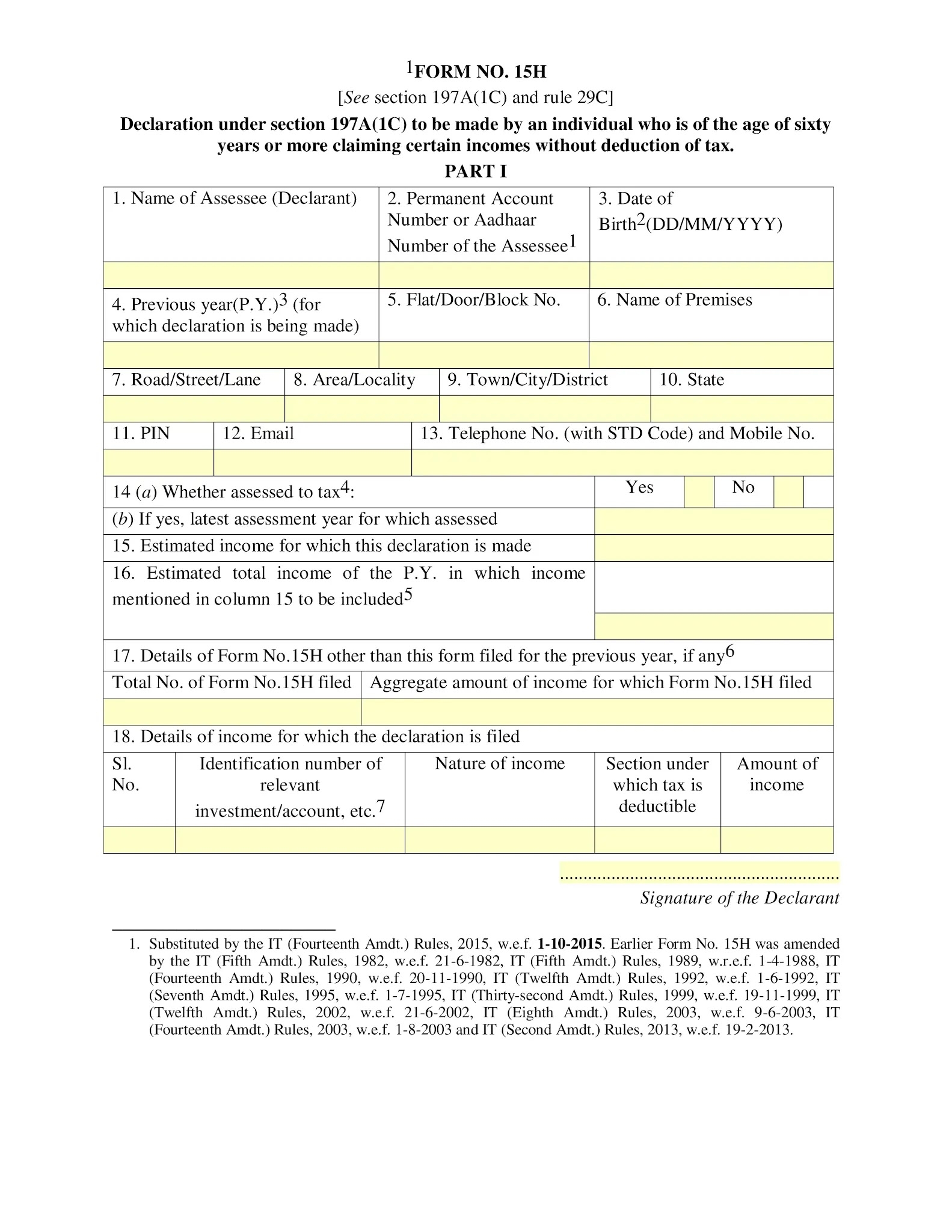 Form No 15H Declaration Under Section 197A 1C To Be Made By An 