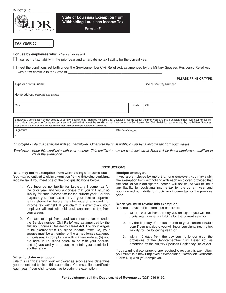 Louisiana State Tax Form L-4