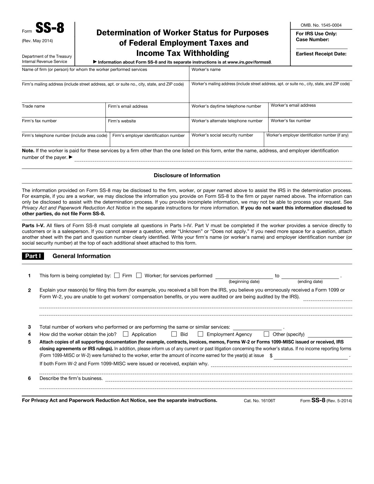 Form SS 8 Determination Of Worker Status For Purposes Of Federal 