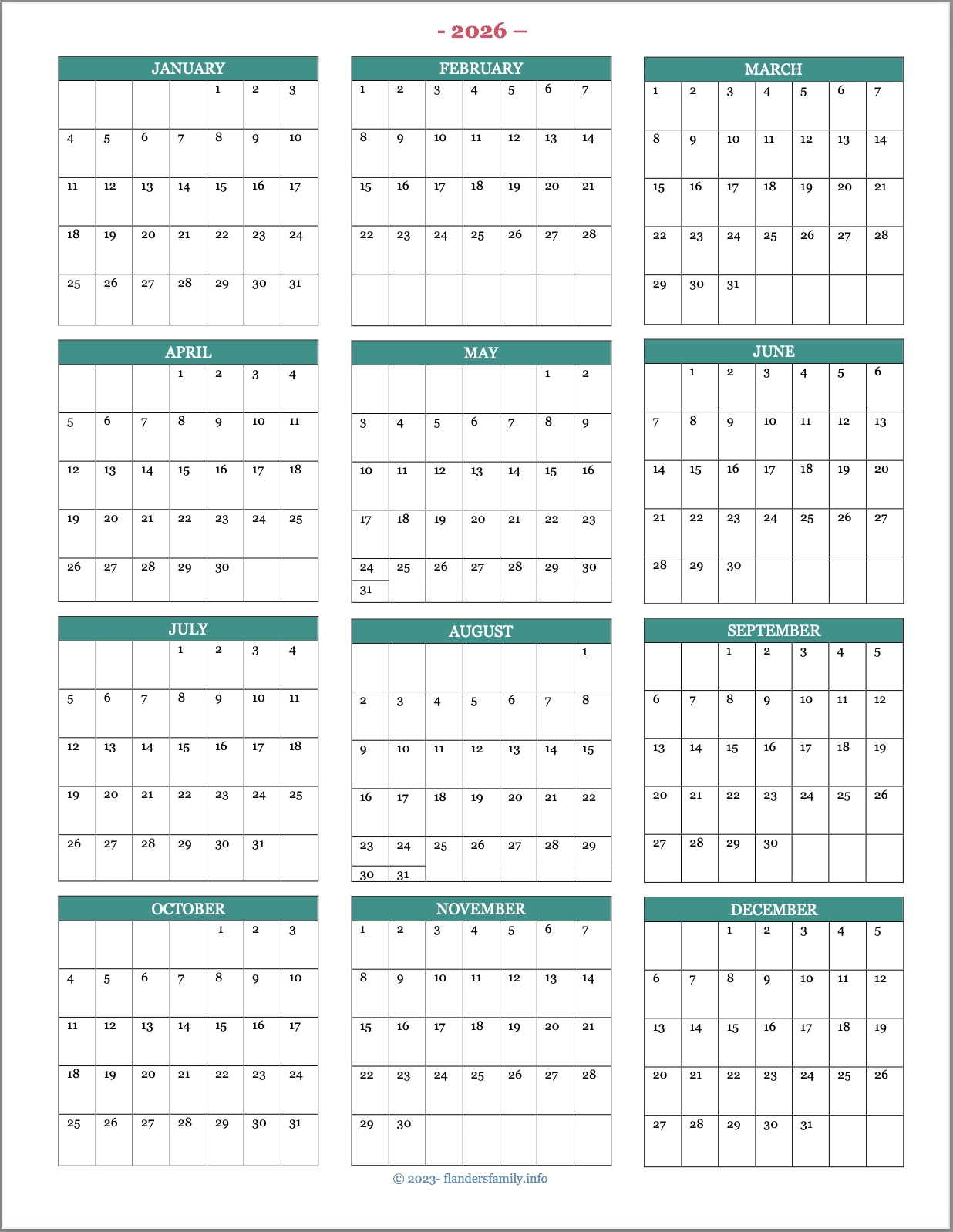 2026 Banner Calendar Printable