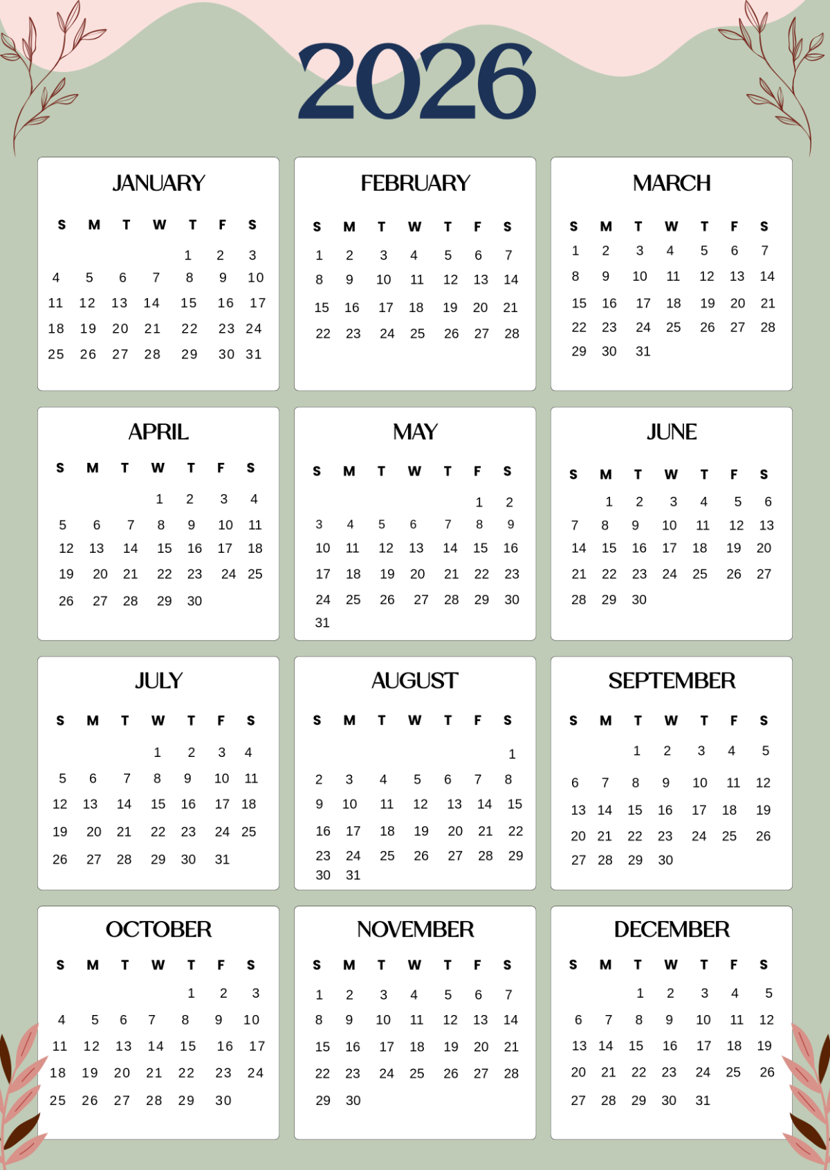 One Page 2026 Calendar Printable Free