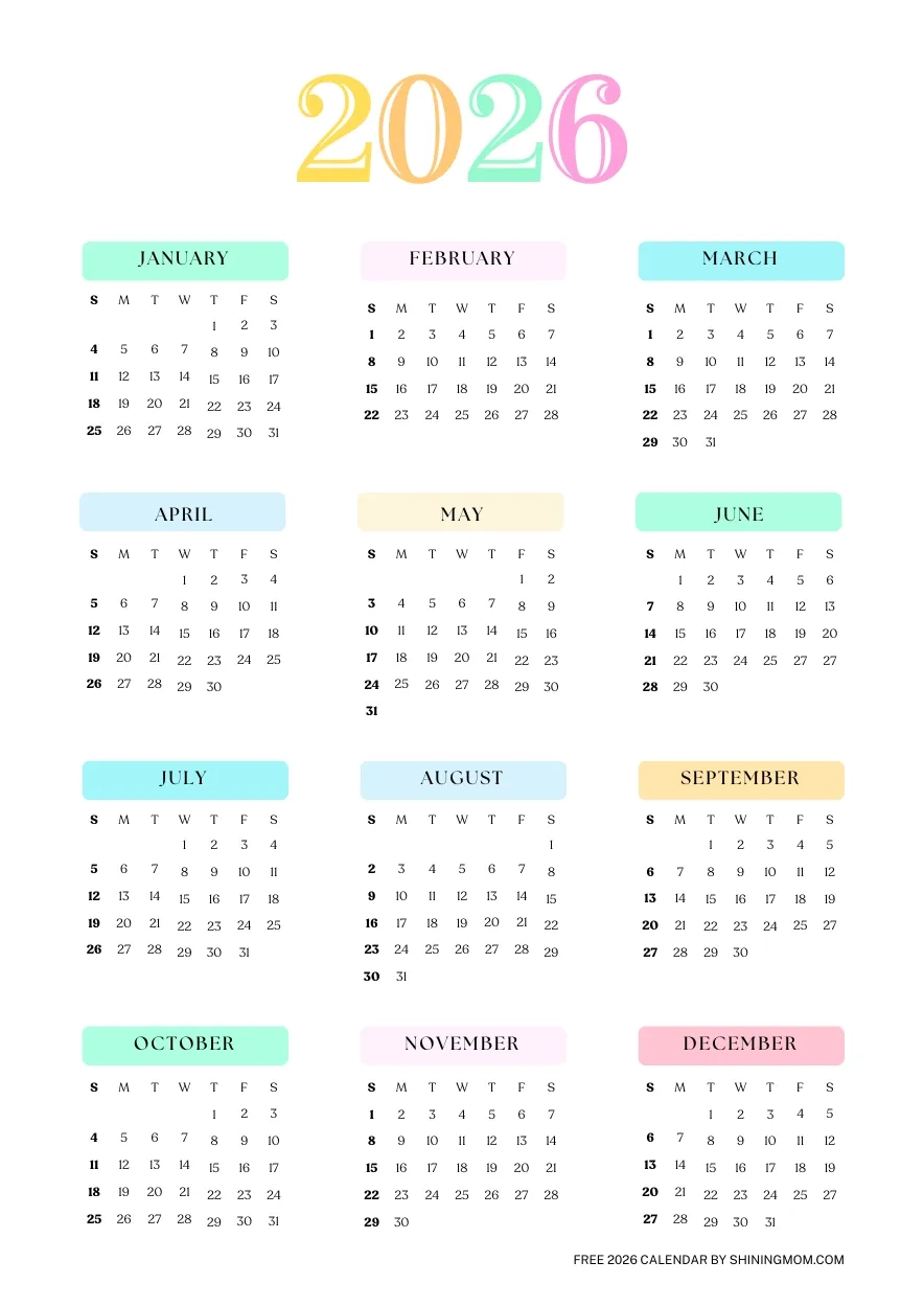2026 Free Printable Calendar One Page