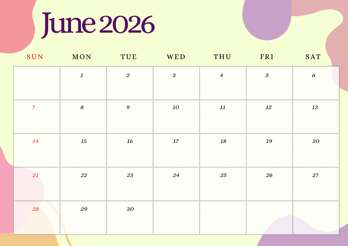Free Printable Pdf Color 2026 June Calendar Planner Printable