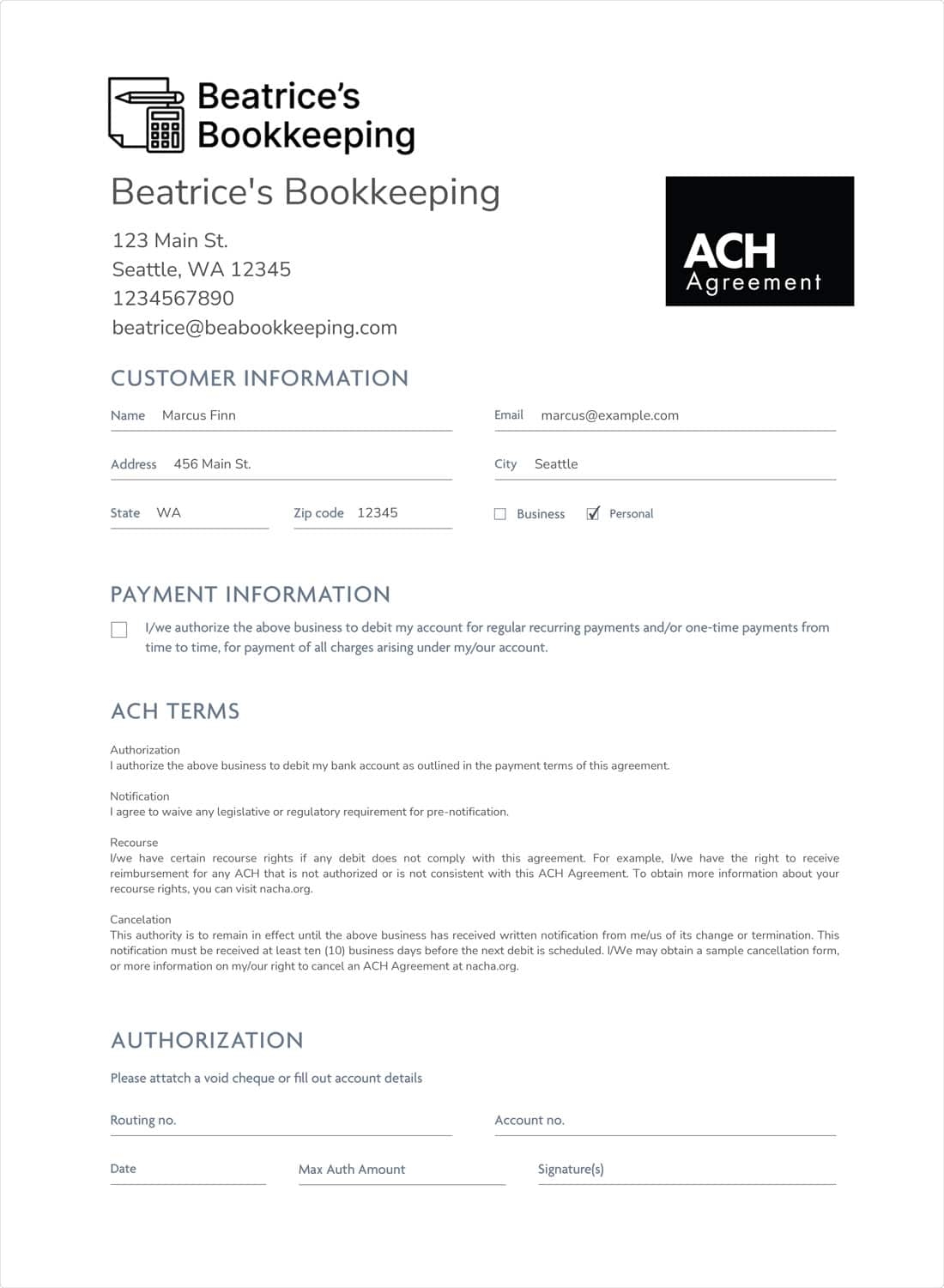 Printable Blank Ach Authorization Form Template