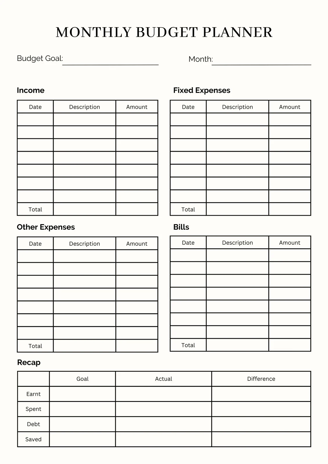 Budget Printable Blank Calendar