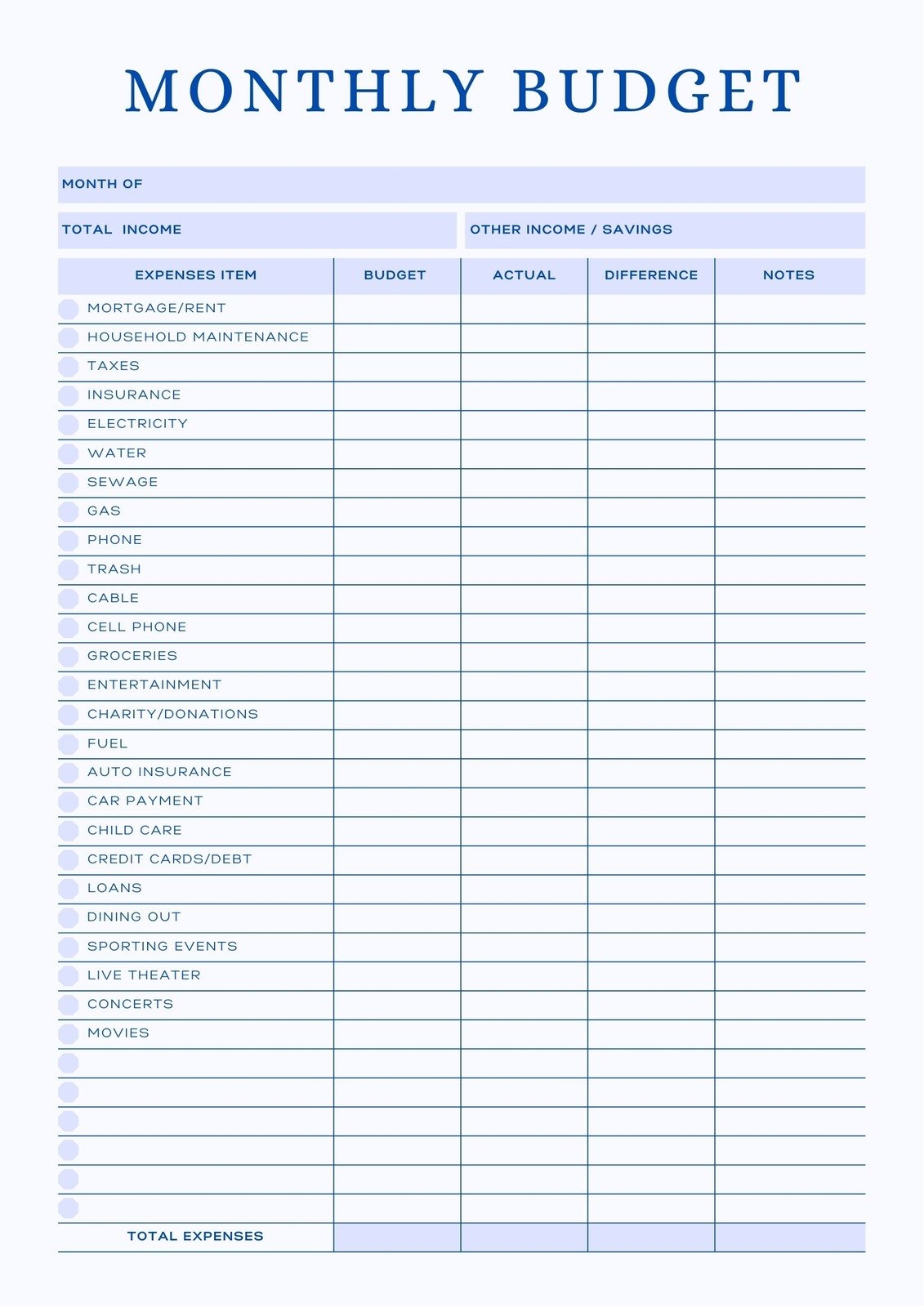 Printable Home Budget Worksheet Monthly