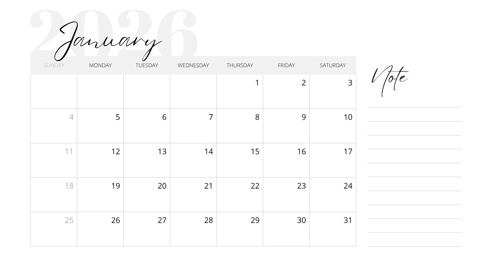Blank January Calendar 2026 Printable