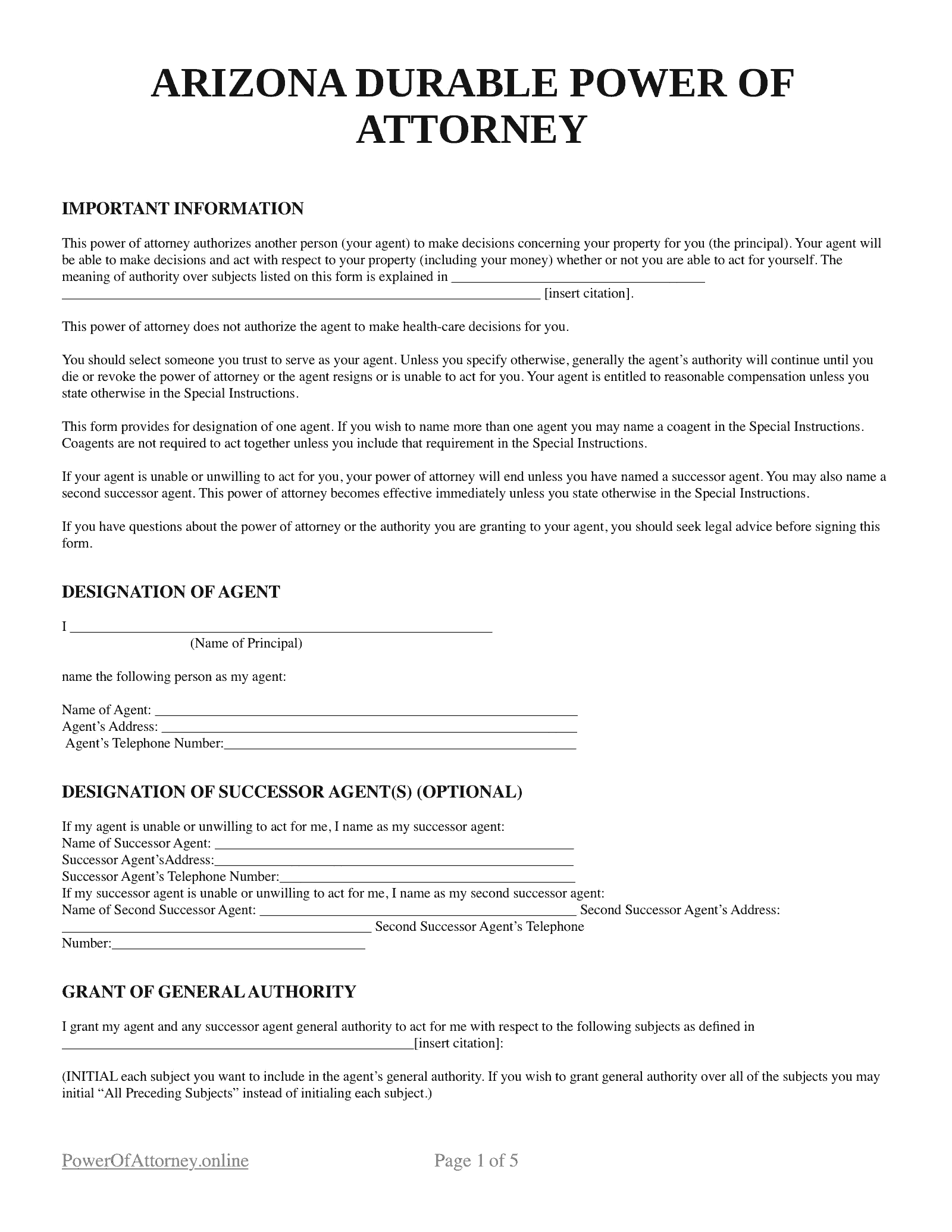 Free Arizona AZ Power Of Attorney Forms amp Templates PDF