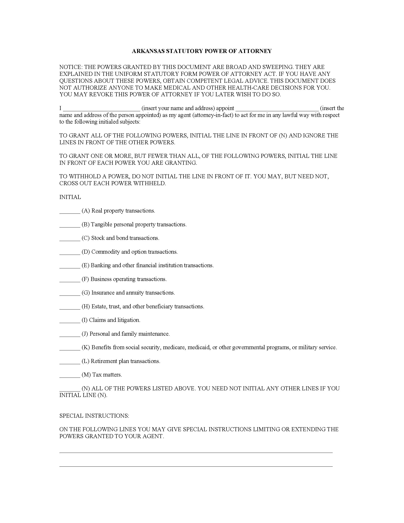 Durable Power Of Attorney Forms Printable Ar