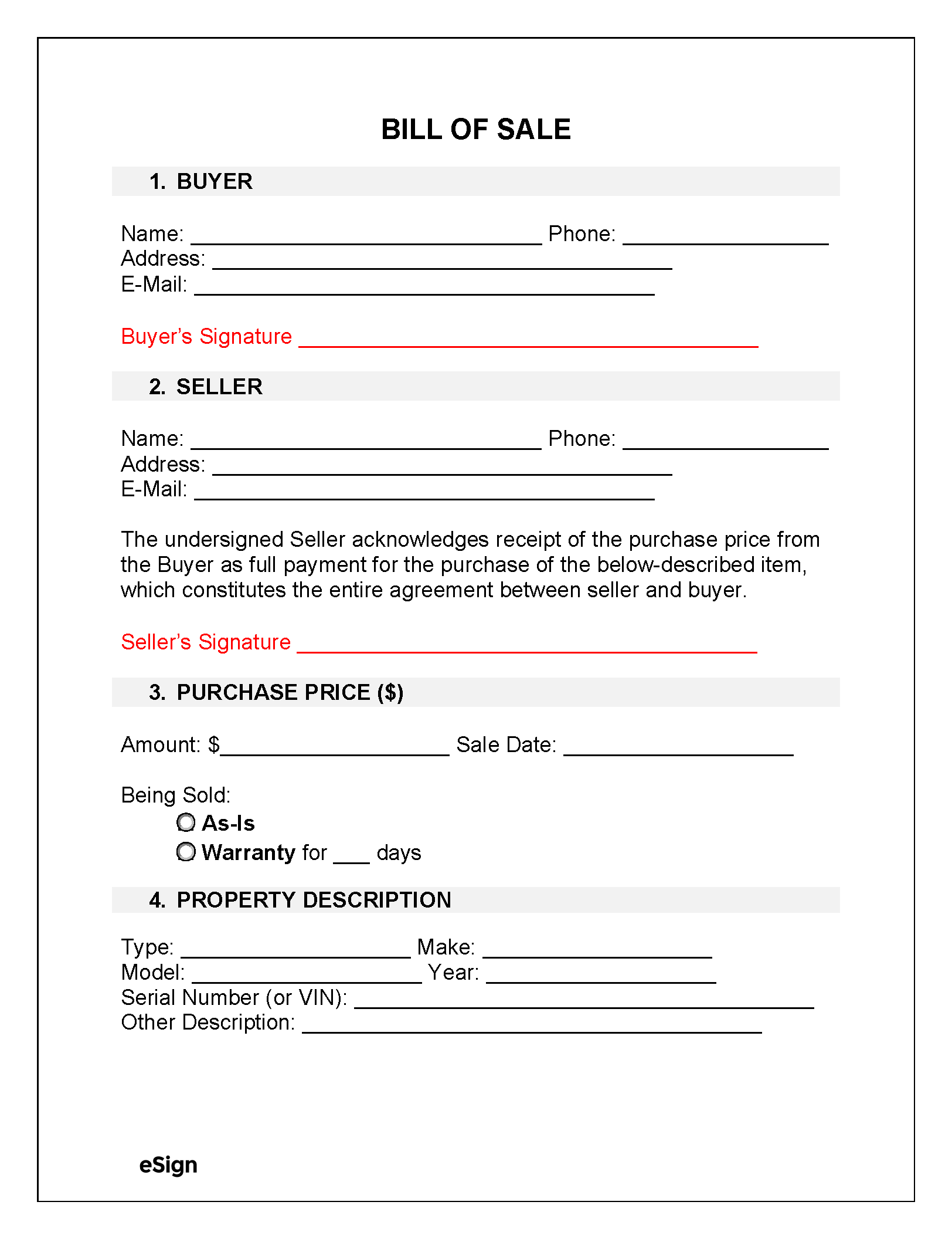 Free Printable Bill Of Sale Template