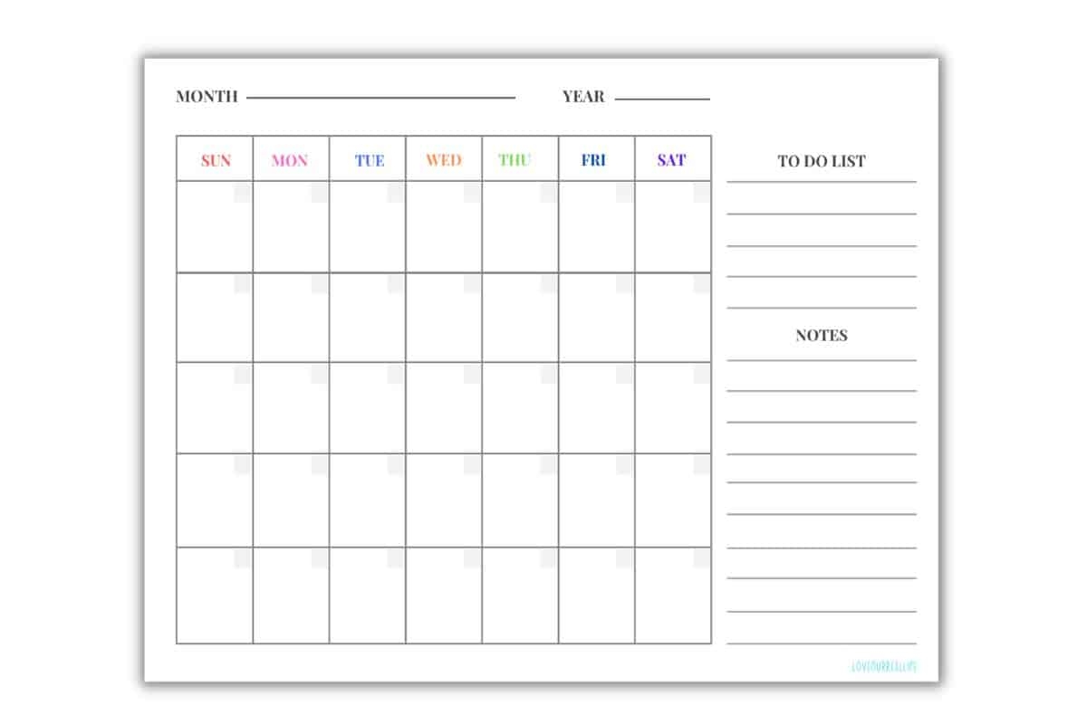 Printable Blank Calendar One Month