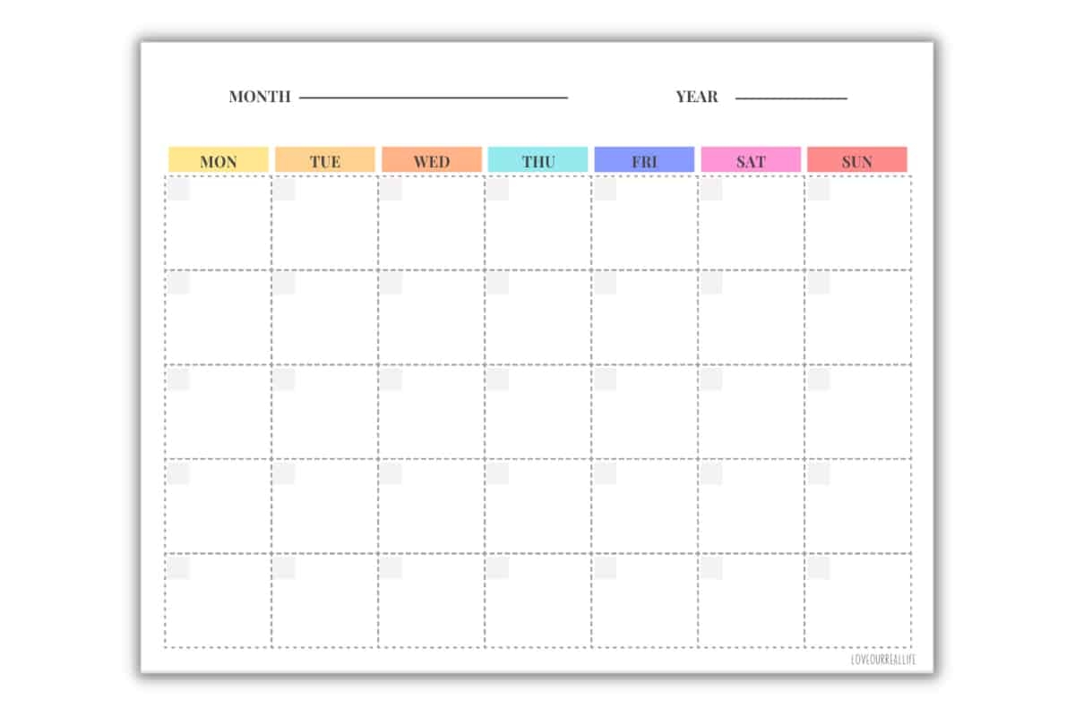 Printable Calendar Blank Monday Month