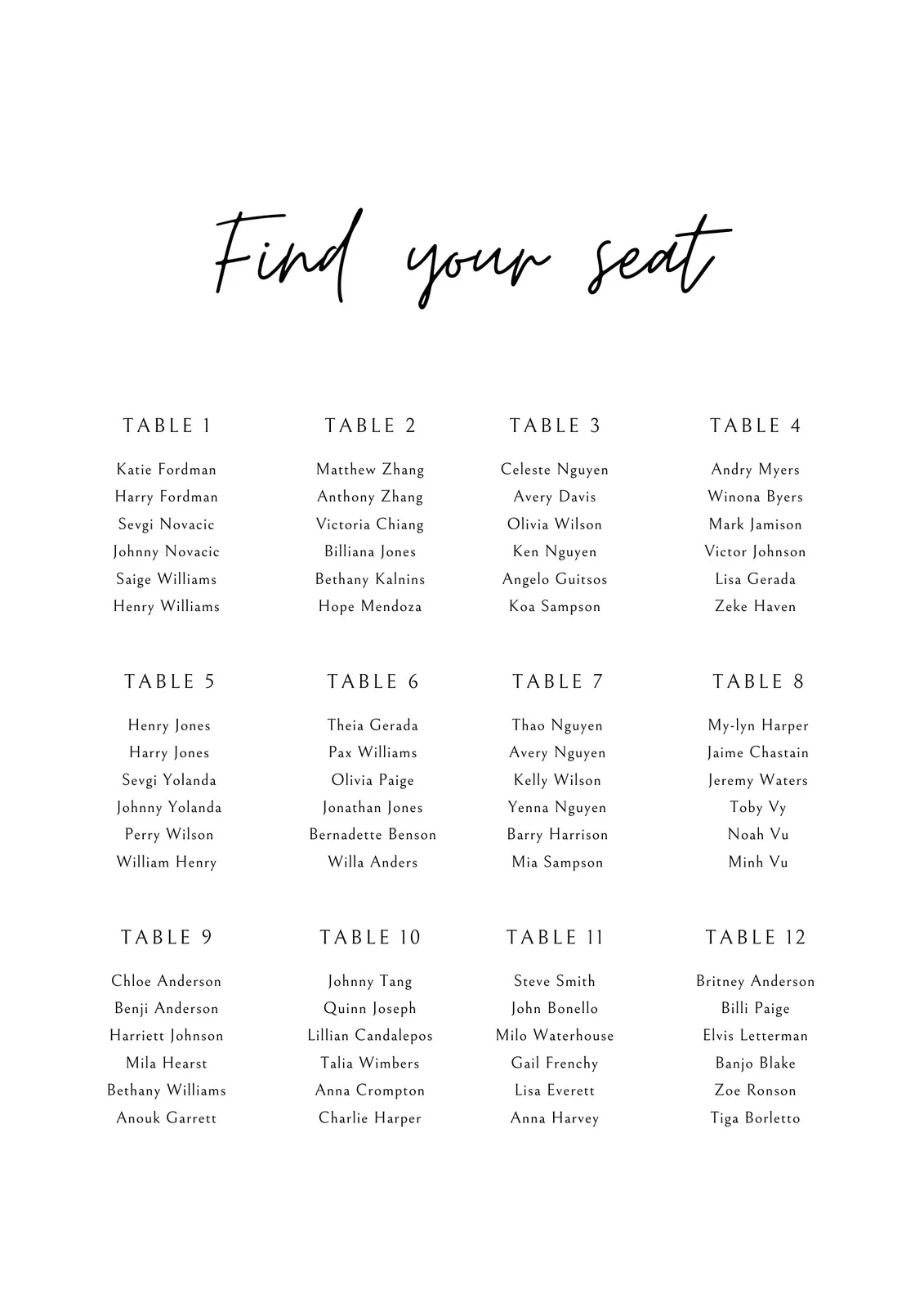 Seating Chart Template Printable