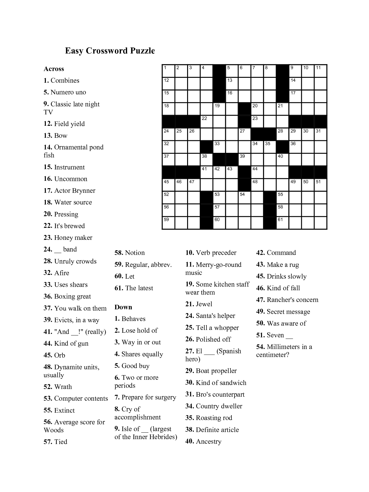 Free Printable Crossword Puzzles For Seniors