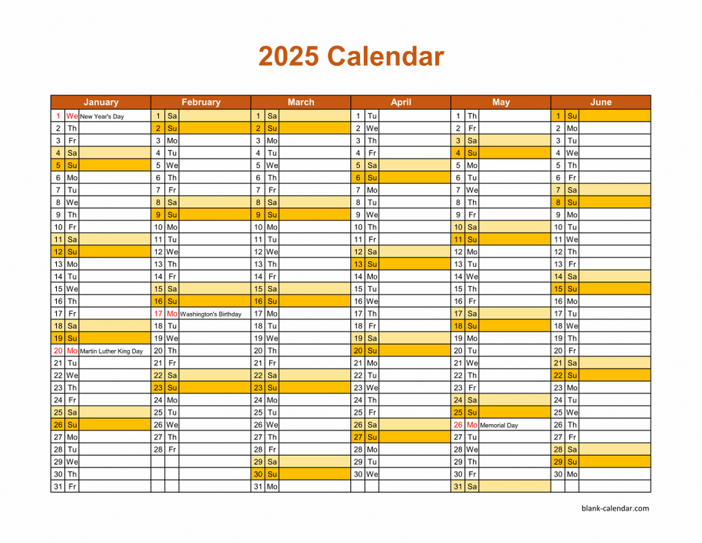 Yearly Calendar 2025 Printable Blank