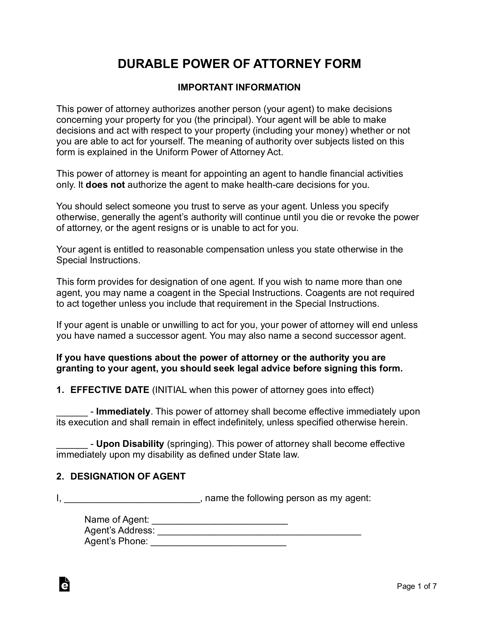 Free Durable Financial Power Of Attorney Form PDF Word EForms