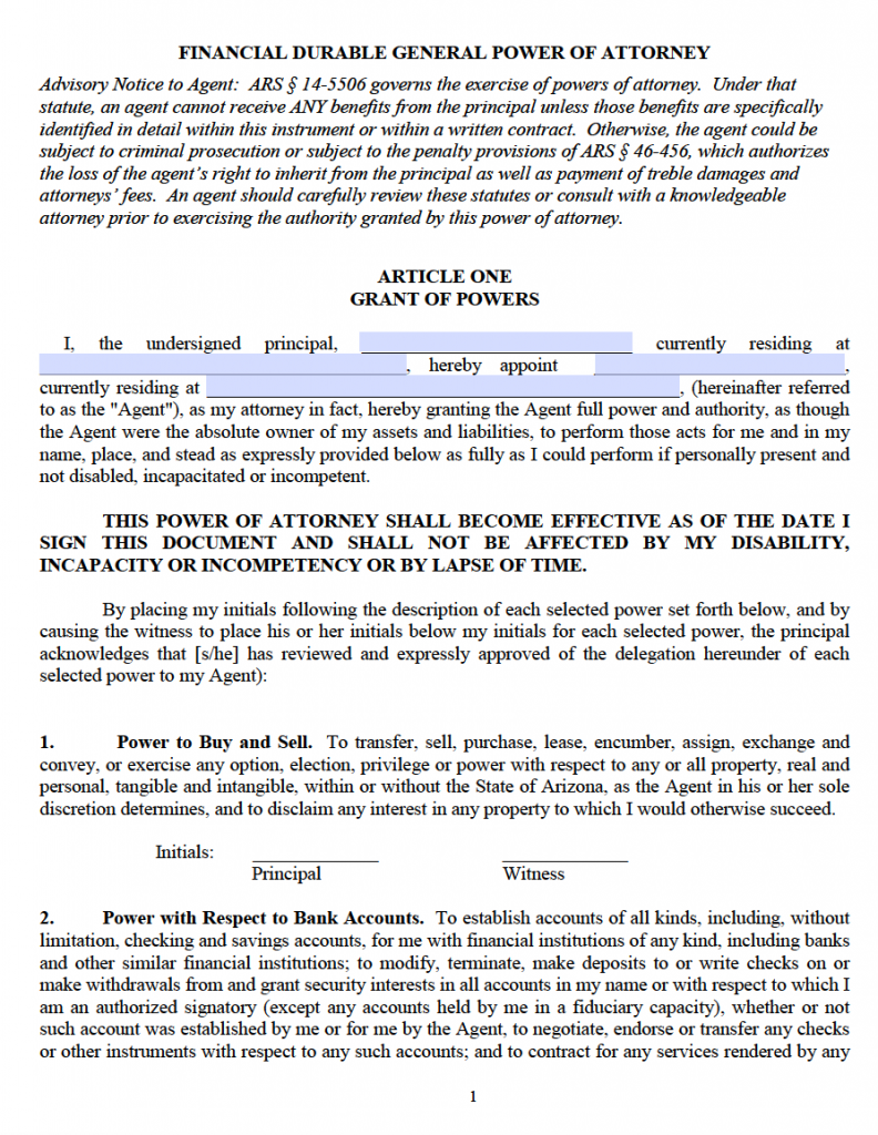 Free Durable Power Of Attorney Form Arizona