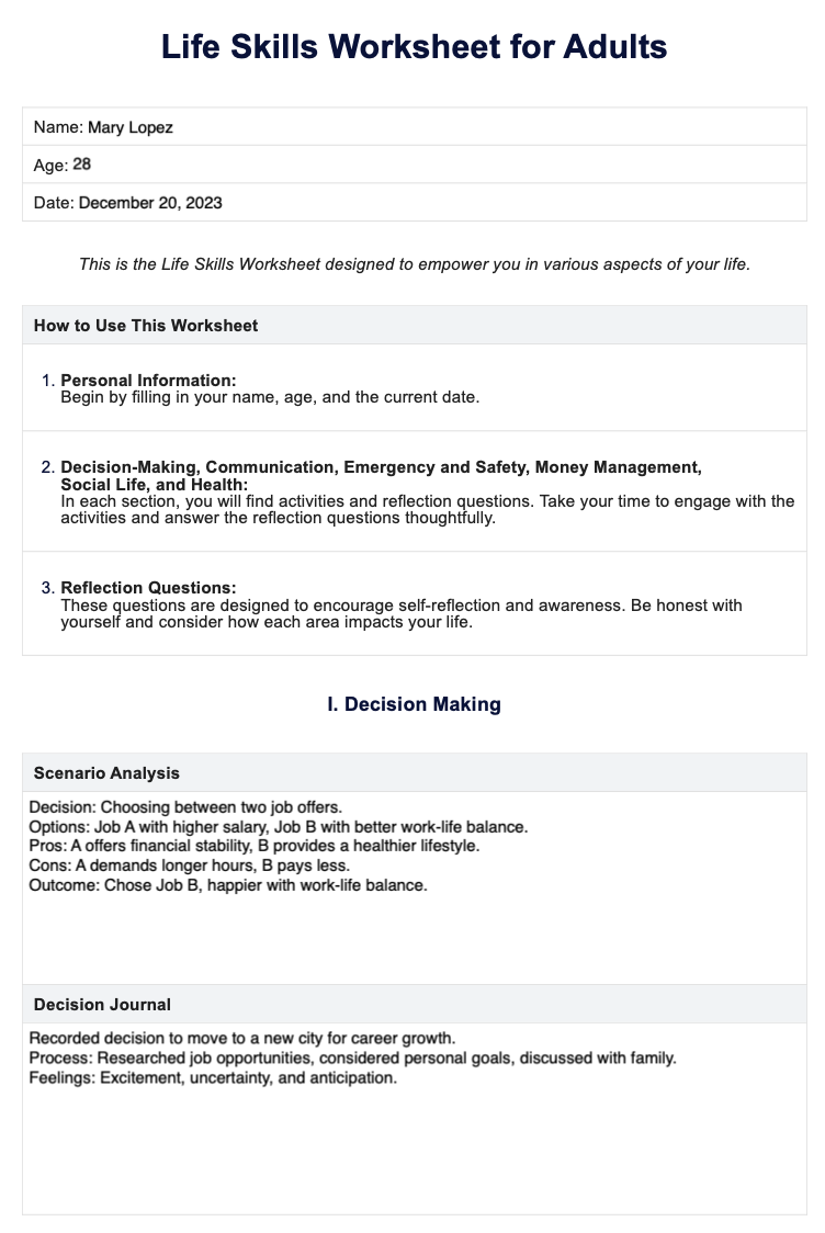 Printable Life Skills Worksheets For Adults